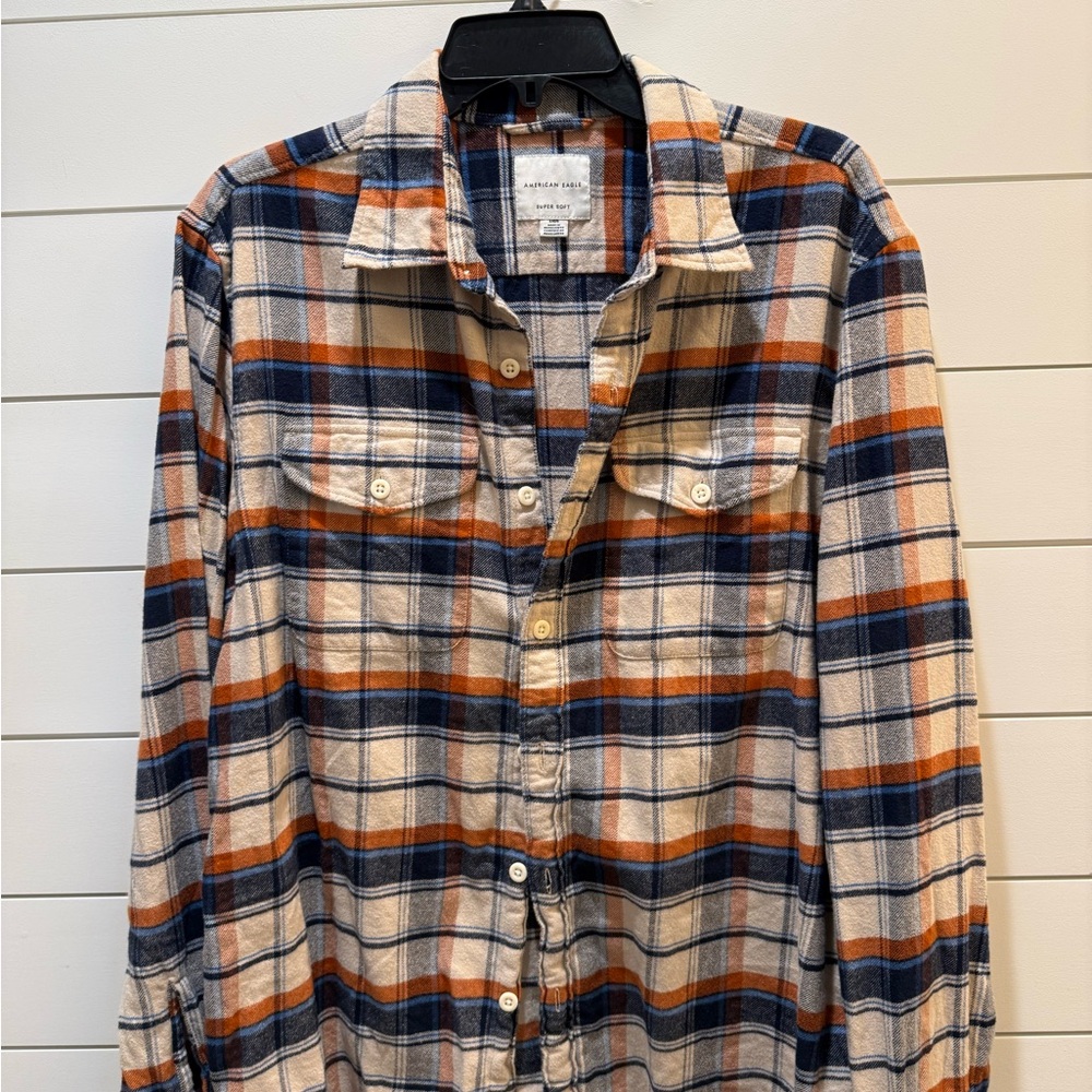 AE Men's Plaid Flannel Shirt - Blue and Orange